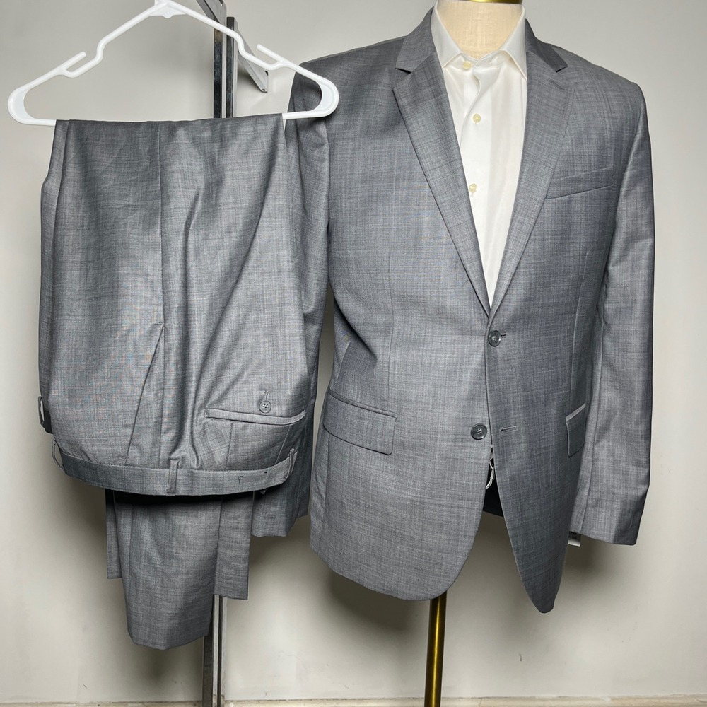 Express Suit Mens 42R 34x33 Grey Solid Wool Blend 2-Button Notch Lapel Modern